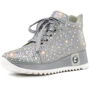 Women's Silver Glitter Trendy Sequin Rhinestone High Top Sneakers Wedge Shoes